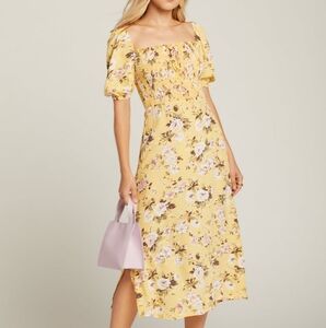 Faithfull the Brand Yellow Floral Smocked Midi Dress